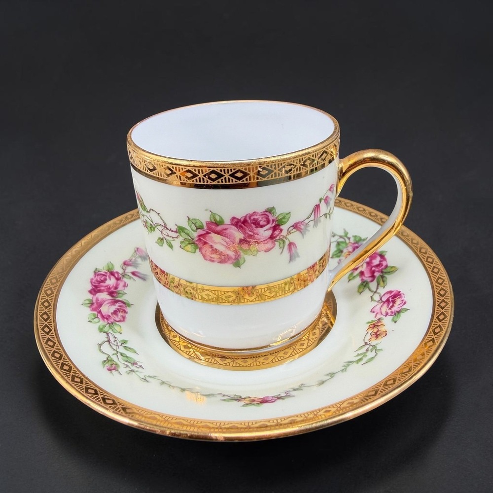 Limoges France Demitasse Cup Saucer Set Pink Rose Gold Gilt Floral Porcelain VTG